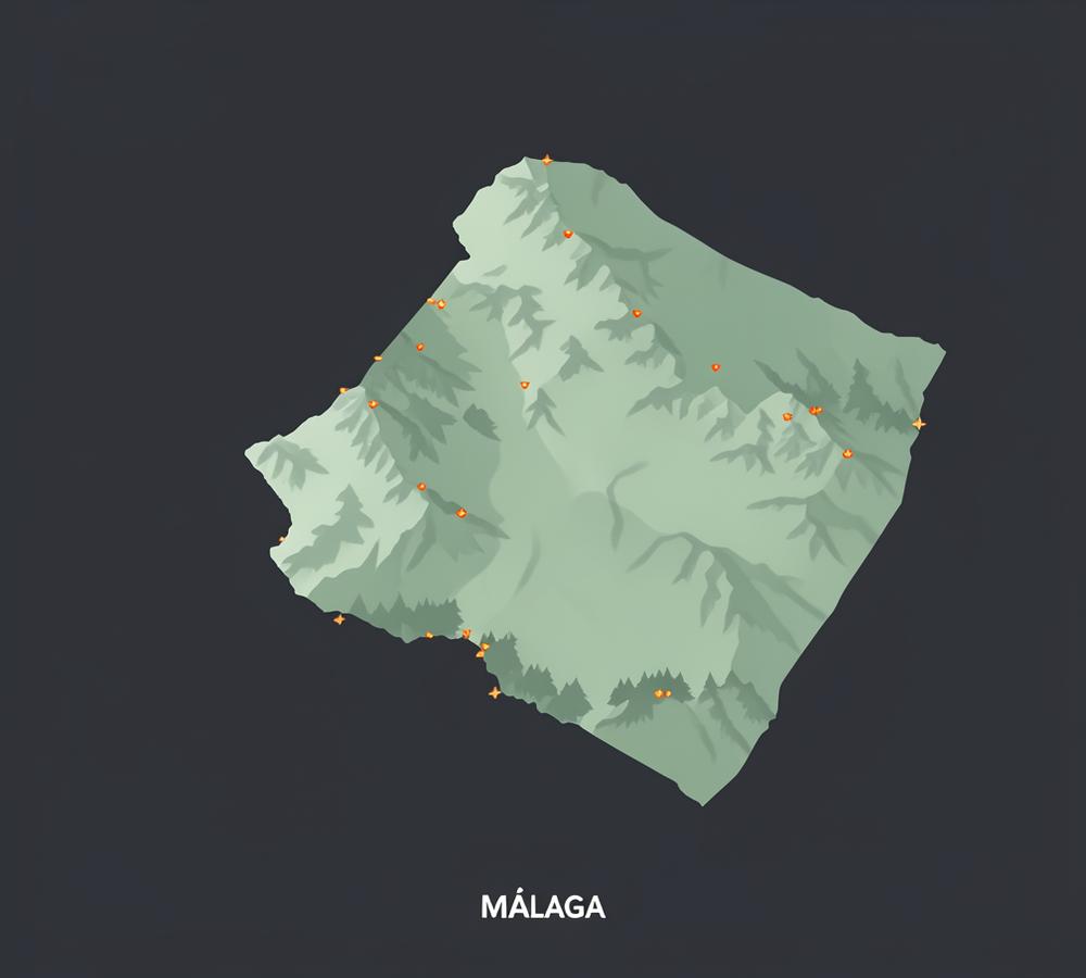 Mapa estilizado de la provincia de Málaga con puntos de vigilancia de incendios forestales