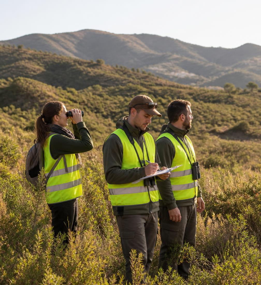 Equipo técnico de Stop Incendios Málaga inspeccionando monte mediterráneo